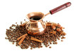 Coffee pot and coffee beans, isolated on white