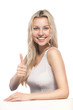 attractive blonde woman showing thumbsup