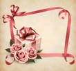 Retro holiday background with pink roses and gift box. Vector il