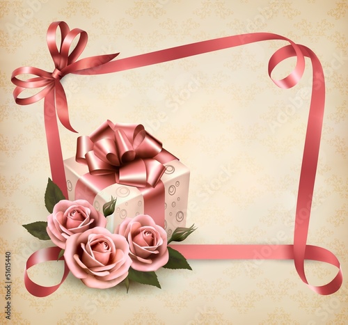 Vector: Retro holiday background with pink roses and gift box. Vector il Retro holiday background with pink roses and gift box. Vector il