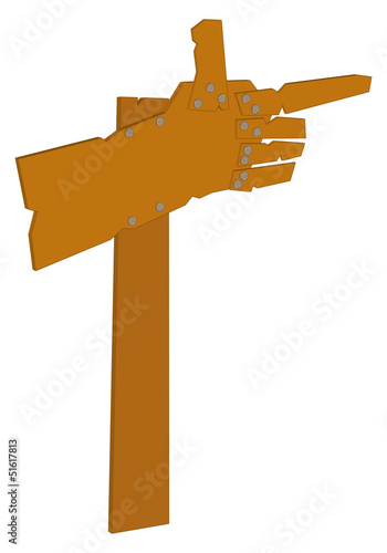 Illustration: Road sign as hand from wooden boards Road sign as hand from wooden boards
