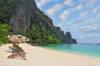 The beach umbrellas and sun beds