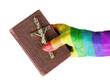 Old hand (woman) holding a very old bible, rainbow flag