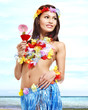 Woman in hawaii costume drink  juice.