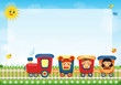 Children riding train with place for text