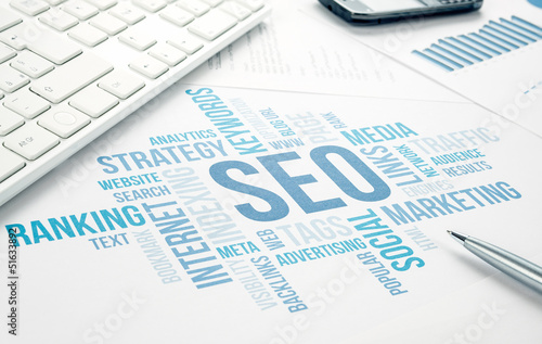 Photo: Seo business concept cloud chart print document. Seo business concept cloud chart print document.