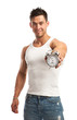 Foto: Cropped view of muscular young man holding clock Cropped view of muscular young man holding clock