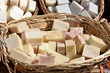 Handmade soap stacked in wicker basket