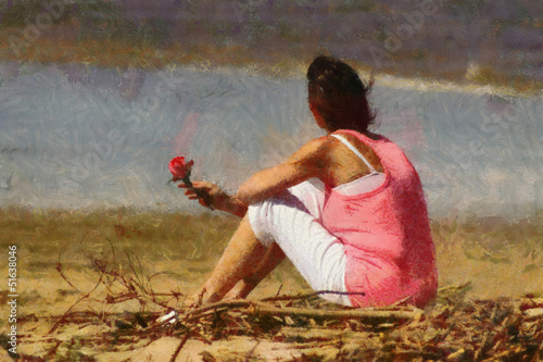 Illustration: Pink Lady with Rose on Beach Painting Pink Lady with Rose on Beach Painting