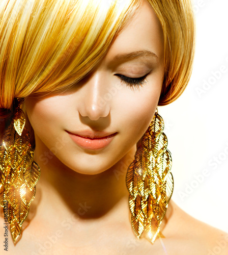 Photo: Beauty Blonde Fashion Model Girl With Golden Earrings Beauty Blonde Fashion Model Girl With Golden Earrings