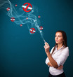 Photo: Young woman smoking dangerous cigarette with no smoking signs Young woman smoking dangerous cigarette with no smoking signs