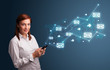 Young lady holding a phone with arrows and message icons