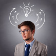 Young man thinking with arrows and light bulb overhead