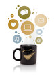 Coffee cup with social and media icons in colorful bubbles
