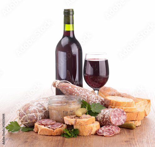 Photo: composition with wine,meat spread and sausages composition with wine,meat spread and sausages