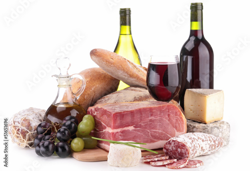 Photo: composition with wine,sausage and bread composition with wine,sausage and bread