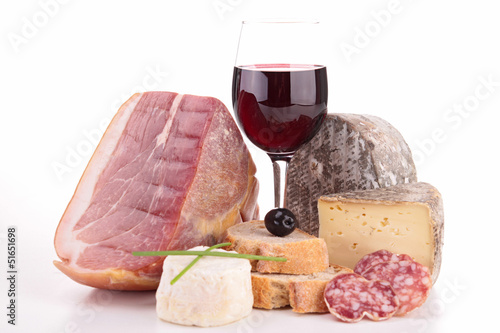 Photo: composition with wine,sausage and bread composition with wine,sausage and bread