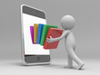 A 3d person putting a stack of books into the mobile phone