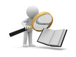 A 3d person watching an opened book with a magnifying glass