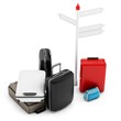 3d pile of luggage by a sign