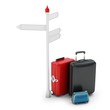 3d pile of luggage by a sign