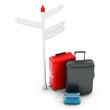 3d pile of luggage by a sign