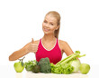 woman shows thumbs up with organic food