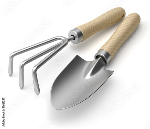 Illustration: Griffe de jardin et transplantoir sur fond blanc 1 Griffe de jardin et transplantoir sur fond blanc 1
