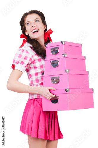 Photo: Young woman with storage boxes on white Young woman with storage boxes on white