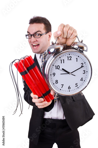 Photo: Man with time bomb isolated on white Man with time bomb isolated on white