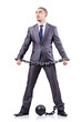 Businessman with shackles on white