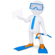 3d man with flippers holding white card