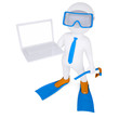 3d white man with laptop in flippers