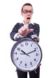 Funny woman with clock on white