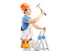 A repairman on a ladder working with a hammer