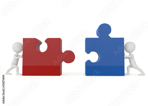 Illustration: 3d humanoid character push a puzzle pieces 3d humanoid character push a puzzle pieces