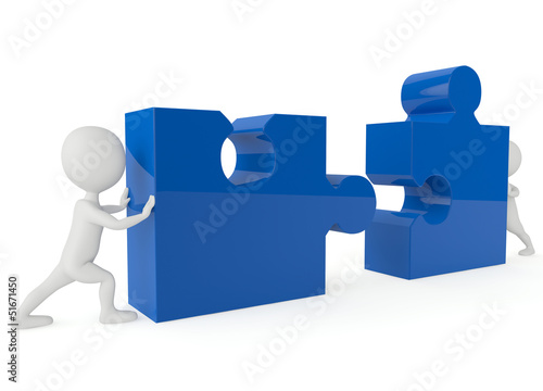 Illustration: 3d humanoid character push a blue puzzle pieces 3d humanoid character push a blue puzzle pieces