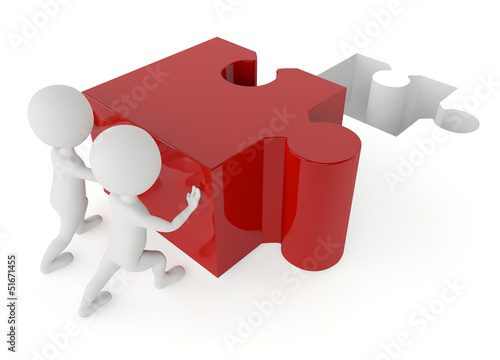 Illustration: 3d humanoid character push a red puzzle pieces 3d humanoid character push a red puzzle pieces