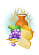 set of food, grapes, cheese ,milk