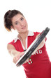 isolated studio picture from a young woman with tennis racket