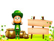 Leprechaun for st patrick day standing near sign