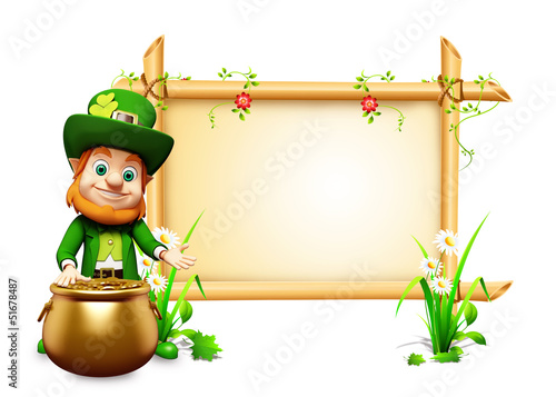 Illustration: Leprechaun for st patrick's day with big sign and coins Leprechaun for st patrick's day with big sign and coins