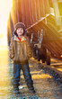 sunlight Boy homeless bum in a brown jacket and a fur hat and cr