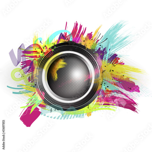 Illustration: Speaker with splash and explosion shapes and colors Speaker with splash and explosion shapes and colors