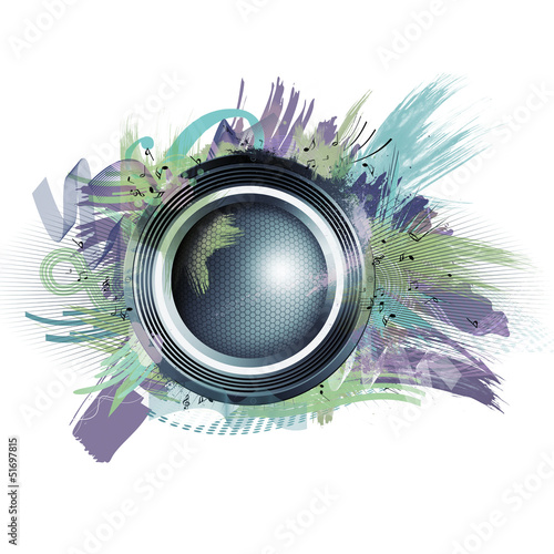 Illustration: Speaker with splashes of blue paint and blast Speaker with splashes of blue paint and blast