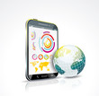 Illustration of a smart phone and globe. Vector.