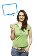 Young asian woman holding a speech bubble sign smiling