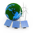 Miniature Green Earth Planet with Windmill and Solar Panels