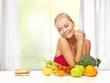 doubting woman with fruits and hamburger