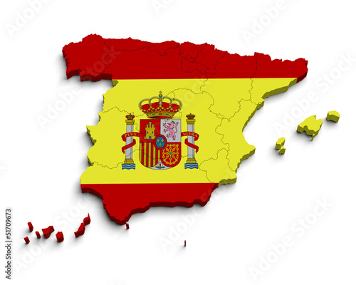 Illustration: 3d Spain flag map on white 3d Spain flag map on white